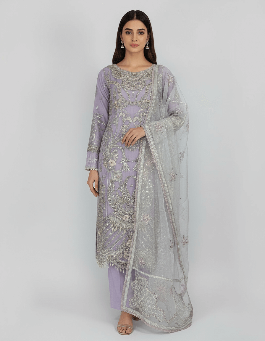 1. AI Model 1 3 PIECES - Embroidered shirt with trouser & embrodered dupatta - Image 1