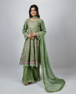 3 PIECES - Embroidered anarkali frok with gharara pant & embroidered dupatta