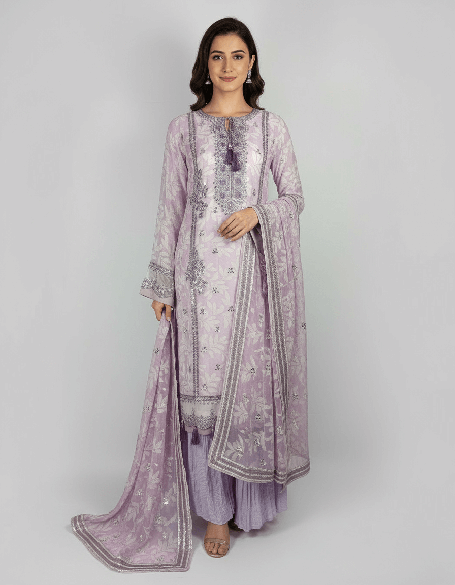 1. AI Model 3 PIECES - Embroidered chiffon printed shirt with Malai gharara & printed chiffon dupatta - Image 1