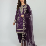 3 PIECES - Printed embroidered shirt with trouser & embroidered organza dupatta