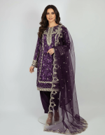 3 PIECES - Printed embroidered shirt with trouser & embroidered organza dupatta