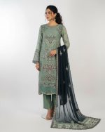 3 PIECES - Embroidered Chiffon Shirt with malai trouser & chiffon embroidered dupatta