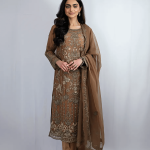 3 PIECES – Embroidered Shirt with Plain Trouser & Embroidered Chiffon Dupatta
