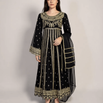 3 PIECES - Embroidered Chiffon Maxi Top with Hijra style bottom along with organza dupatta