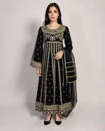 3 PIECES - Embroidered Chiffon Maxi Top with Hijra style bottom along with organza dupatta