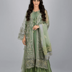 3 PIECES - Embroidered Front open shirt with hand work, Gharara style bottom & embroidered organza dupatta