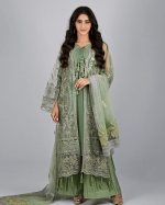 3 PIECES - Embroidered Front open shirt with hand work, Gharara style bottom & embroidered organza dupatta