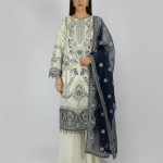 3 PIECES - Embroidered shirt with gharara pant with embroidered dupatta