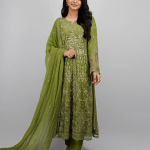 3 PIECES - Embroidered anarkali frok with trouser & chiffon embroidered dupatta