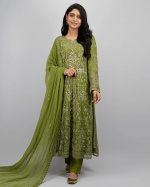 3 PIECES - Embroidered anarkali frok with trouser & chiffon embroidered dupatta