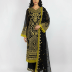 3 PIECES - Ebroidered chiffon shirt with gharara pant & embroidered chiffon dupatta