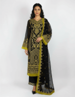 3 PIECES - Ebroidered chiffon shirt with gharara pant & embroidered chiffon dupatta