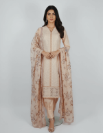 3 PIECES - Embnroidered shirt with trouser & printed munarch dupatta