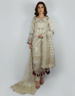 3 PIECES - Hand embroidered shirt with gharara style bottom along with embroidered organza dupatta
