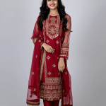 3 PIECES - Hand Emb organza shirt with printed silk farshi bottom along with Emb organza dupatta