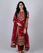 3 PIECES - Hand Emb organza shirt with printed silk farshi bottom along with Emb organza dupatta