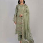 3 PIECES - Hand Emb shirt with malai trouser & Emb chiffon dupatta
