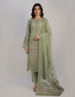 3 PIECES - Hand Emb shirt with malai trouser & Emb chiffon dupatta