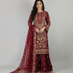 3 PIECES - Emb shirt with hand work along with gharara bottom & Foil printed dupatta