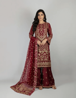 3 PIECES - Emb shirt with hand work along with gharara bottom & Foil printed dupatta