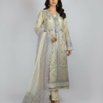 3 PIECES - Emb front open angrakha shirt with trouser & emb dupatta