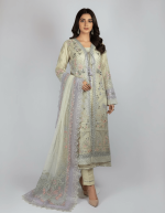 3 PIECES - Emb front open angrakha shirt with trouser & emb dupatta