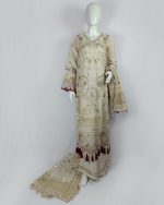 3 PIECES - Hand embroidered shirt with gharara style bottom along with embroidered organza dupatta - Image 2