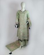 3 PIECES - Hand embroidered shirt with gharara bottom along with embroidered & printed organza dupatta - Image 2