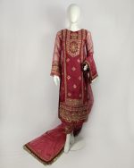3 PIECES - Hand Emb organza shirt with printed silk farshi bottom along with Emb organza dupatta - Image 2