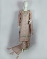 3 PIECES - Hand Emb shirt with malai bell bottom & machine net dupatta - Image 2