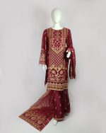 3 PIECES - Emb shirt with hand work along with gharara bottom & Foil printed dupatta - Image 2