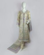 3 PIECES - Emb front open angrakha shirt with trouser & emb dupatta - Image 2