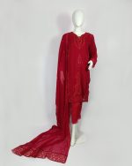 3 PIECES - Hand Emb shirt with trouser & Chiffon Emb dupatta - Image 2