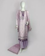 3 PIECES - Embroidered chiffon printed shirt with Malai gharara & printed chiffon dupatta - Image 2