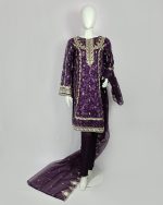3 PIECES - Printed embroidered shirt with trouser & embroidered organza dupatta - Image 2