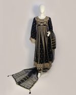 3 PIECES - Embroidered Chiffon Maxi Top with Hijra style bottom along with organza dupatta - Image 2