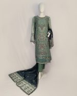 3 PIECES - Embroidered Chiffon Shirt with malai trouser & chiffon embroidered dupatta - Image 2
