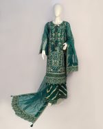 3 PIECES - Embroidered organza shirt with malai gharara & embroidered organza dupatta - Image 2