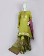 3 PIECES - Embroidered Malai Top with Printed embroidered gharara along with embroidered duapatta - Image 2