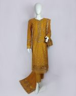 3 PIECES - Chiffon embroidered shirt with plain trouser & embroidered chiffon dupatta - Image 2