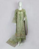 3 PIECES - Embroidered Front open shirt with hand work, Gharara style bottom & embroidered organza dupatta - Image 2