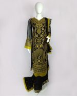 3 PIECES - Ebroidered chiffon shirt with gharara pant & embroidered chiffon dupatta - Image 2