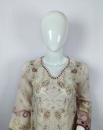 3 PIECES - Hand embroidered shirt with gharara style bottom along with embroidered organza dupatta - Image 3