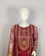 3 PIECES - Hand Emb organza shirt with printed silk farshi bottom along with Emb organza dupatta - Image 3