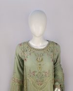 3 PIECES - Hand Emb shirt with malai trouser & Emb chiffon dupatta - Image 3