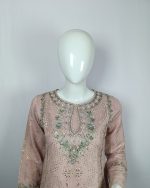 3 PIECES - Hand Emb shirt with malai bell bottom & machine net dupatta - Image 3