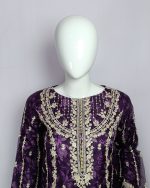 3 PIECES - Printed embroidered shirt with trouser & embroidered organza dupatta - Image 3