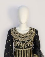 3 PIECES - Embroidered Chiffon Maxi Top with Hijra style bottom along with organza dupatta - Image 3