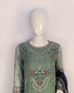 3 PIECES - Embroidered Chiffon Shirt with malai trouser & chiffon embroidered dupatta - Image 3