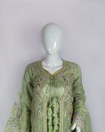 3 PIECES - Embroidered Front open shirt with hand work, Gharara style bottom & embroidered organza dupatta - Image 3